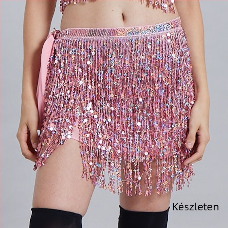 Belly Dance deréktáj flitterekkel és bojtokkal, chiffon‑poliészter PVC keverék