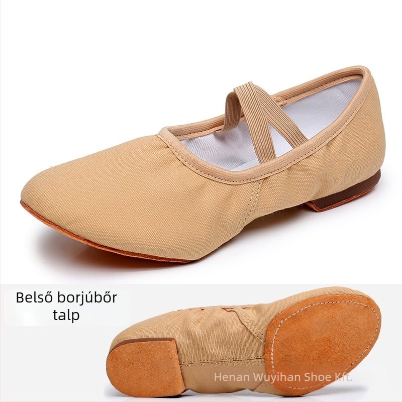 Tánccipő — vászon felső rész, gumitalp, lélegző, könnyű, kopásálló; balett, modern tánc, latin táncokra