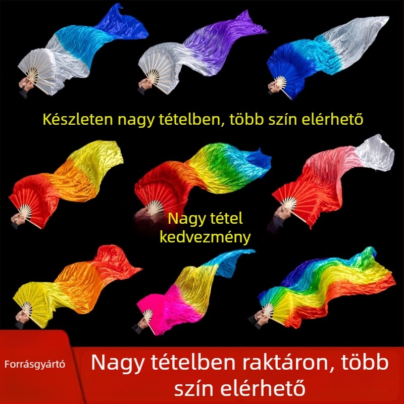 Hosszú selyem táncfánk háromszínű gradiens láng mintával és koi motívummal, Belly Dance és Square Dance használatra