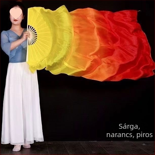 Hosszú selyem táncventilátor háromszínű gradiens láng motívummal és koi motívummal, felnőtteknek, 2021 nyári kiadás