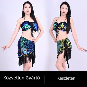 Hastánc jelmez flitterekkel és rojtokkal, indiai csípő sál készlet – Orientális tánc előadására, 2025 tavasza, poliészter anyag (>95%), összetett varrat, Street Trendsetter stílus