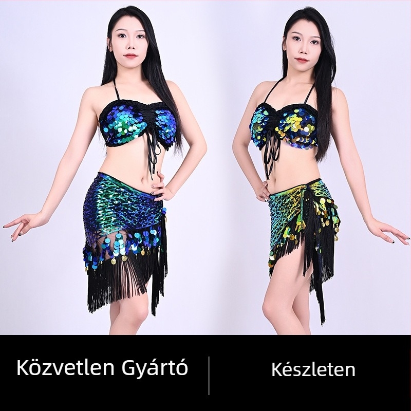 Hastánc jelmez flitterekkel és rojtokkal, indiai csípő sál készlet – Orientális tánc előadására, 2025 tavasza, poliészter anyag (>95%), összetett varrat, Street Trendsetter stílus
