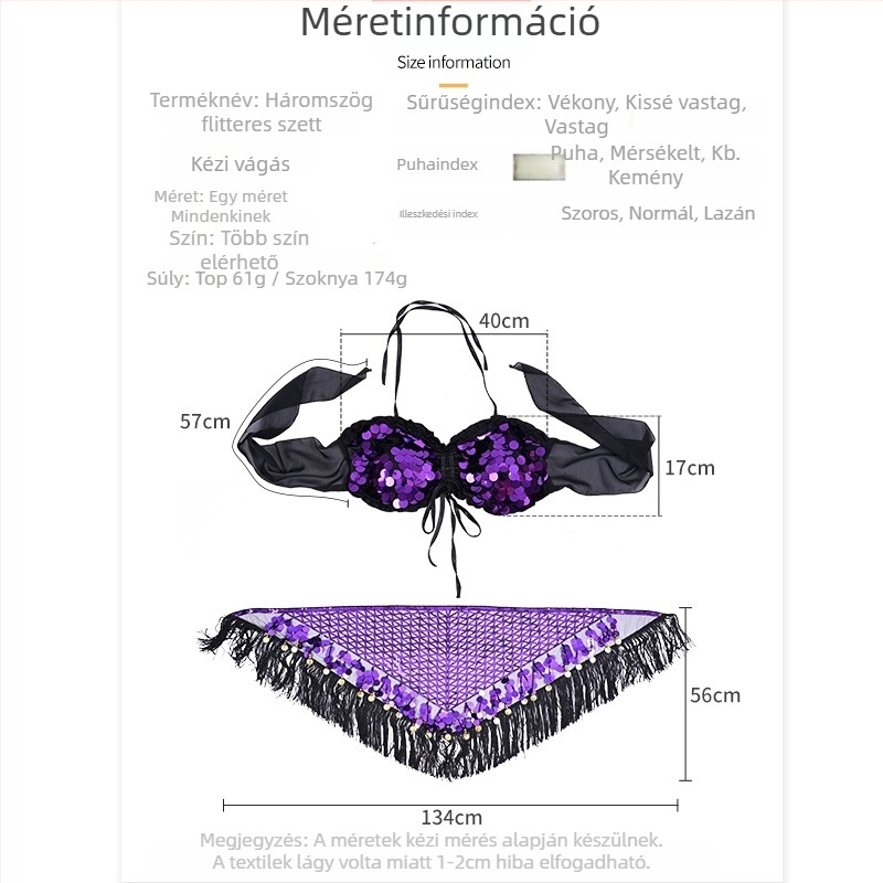 Hastánc jelmez flitterekkel és rojtokkal, indiai csípő sál készlet – Orientális tánc előadására, 2025 tavasza, poliészter anyag (>95%), összetett varrat, Street Trendsetter stílus