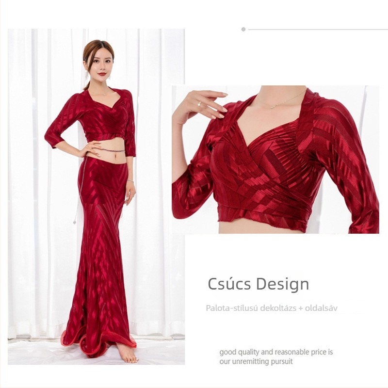Lycra anyagú Belly Dance gyakorlókészlet átlátszó csíkos csipével, 90% Spandex