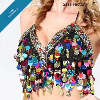 Pajettes melltartó hassi tánchoz, díszítéssel és érmékkel, poliészter (Tavasz 2024; Poliészter; 80–90% poliészter; Szexi stílus)