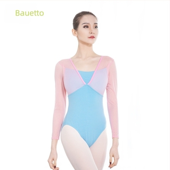Felnőtt nők balettelgy gyakorló ruhája, hálós paneles hosszú ujjú egyszemélyes body, illúzióként két részre bontott dizájn, pamut-spandex (70% spandex), bélés poliészter