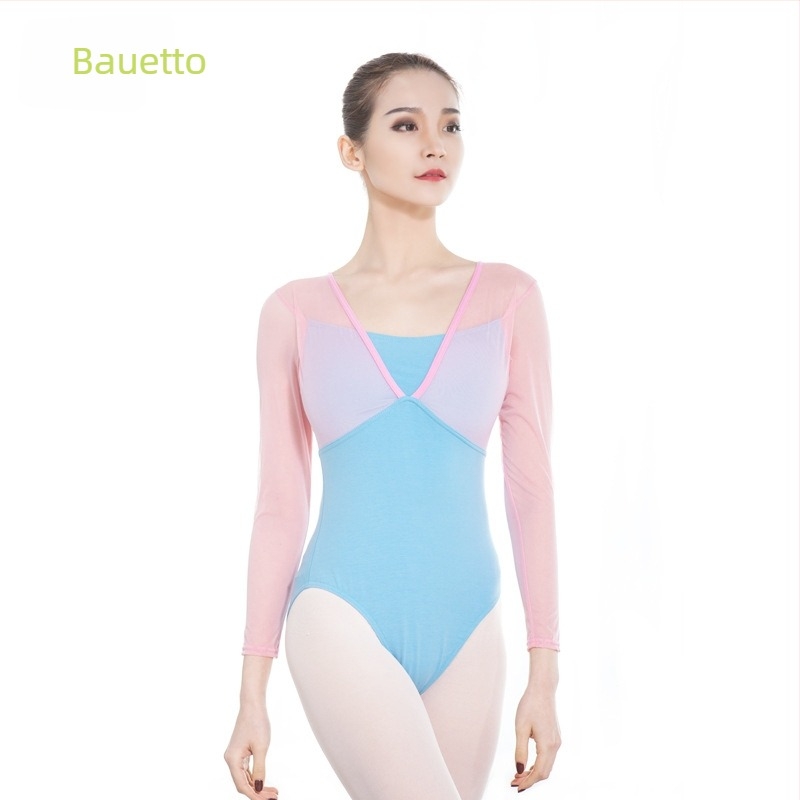 Felnőtt nők balettelgy gyakorló ruhája, hálós paneles hosszú ujjú egyszemélyes body, illúzióként két részre bontott dizájn, pamut-spandex (70% spandex), bélés poliészter