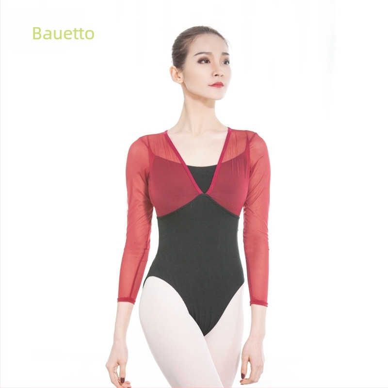 Felnőtt nők balettelgy gyakorló ruhája, hálós paneles hosszú ujjú egyszemélyes body, illúzióként két részre bontott dizájn, pamut-spandex (70% spandex), bélés poliészter