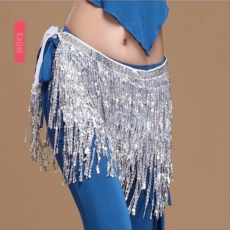 Belly Dance deréklánc, csillogó négy réteg bojttal, többszörös öv, felnőtt nők számára