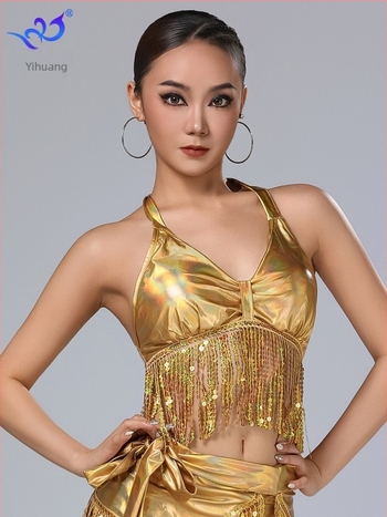 Halterneck tassel top Belly Dance és Latin Dance-hez, PU bőrhatású, csillogó paillettes díszítés, poliészter-spandex alapanyag, 95%+ összetétel