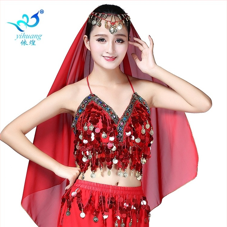 Belly dance színpadi jelmez szegecsekkel, bojtokkal és érmés melltartóval, chiffon és 100% poliészter anyagból