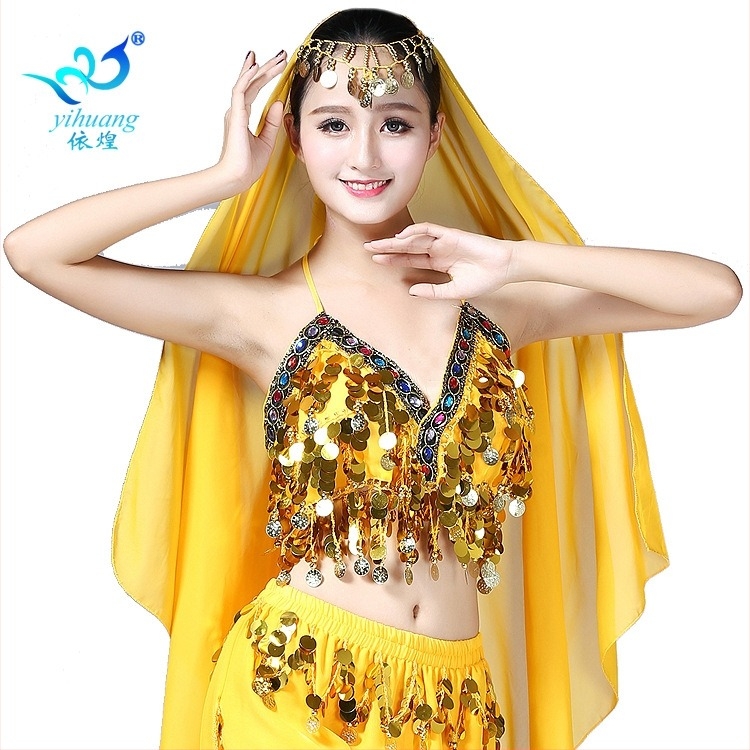 Belly dance színpadi jelmez szegecsekkel, bojtokkal és érmés melltartóval, chiffon és 100% poliészter anyagból