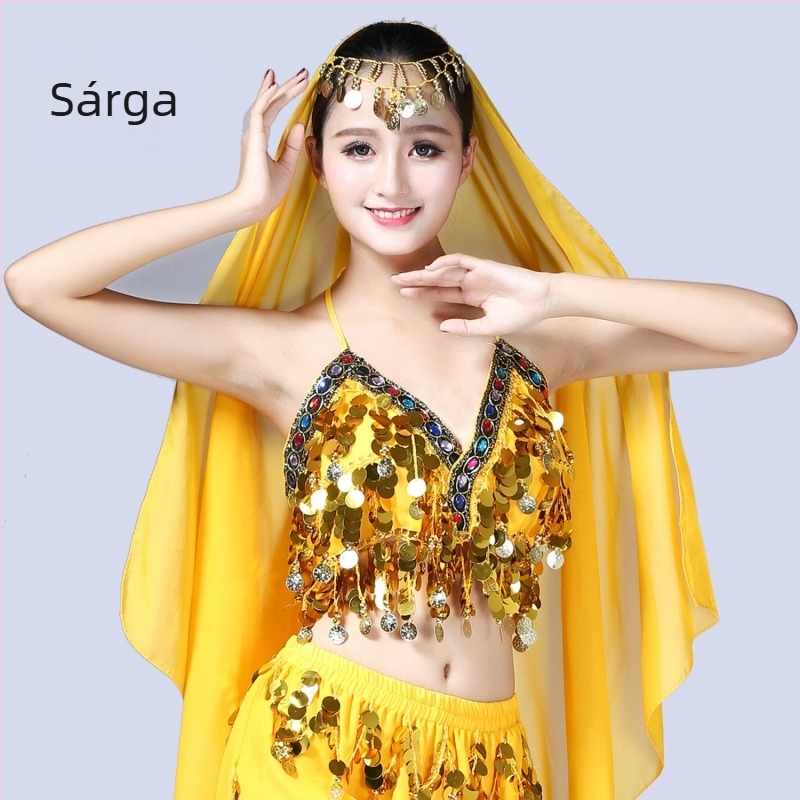 Belly dance színpadi jelmez szegecsekkel, bojtokkal és érmés melltartóval, chiffon és 100% poliészter anyagból