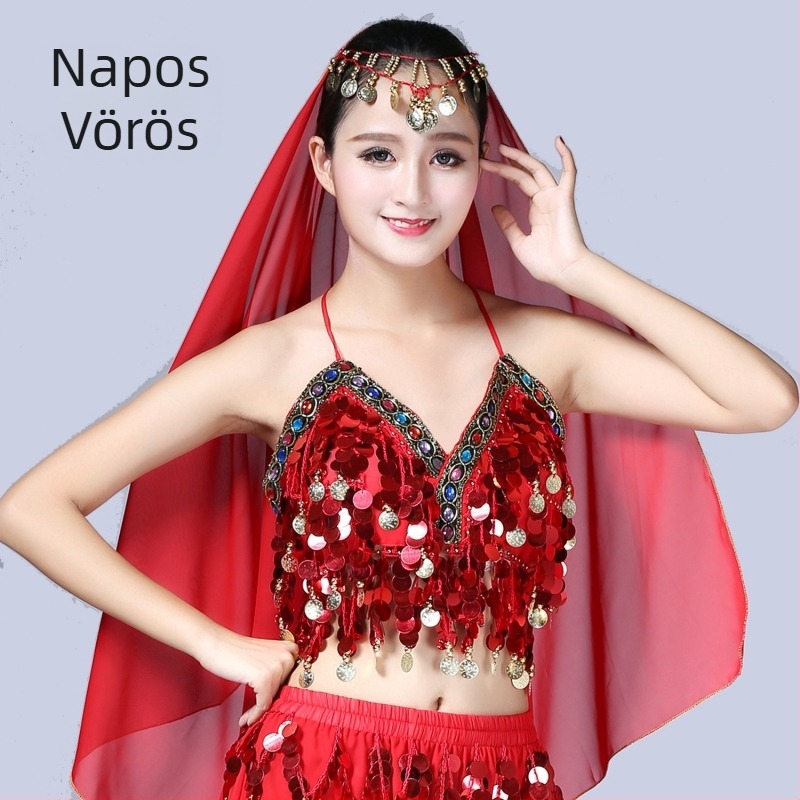 Belly dance színpadi jelmez szegecsekkel, bojtokkal és érmés melltartóval, chiffon és 100% poliészter anyagból