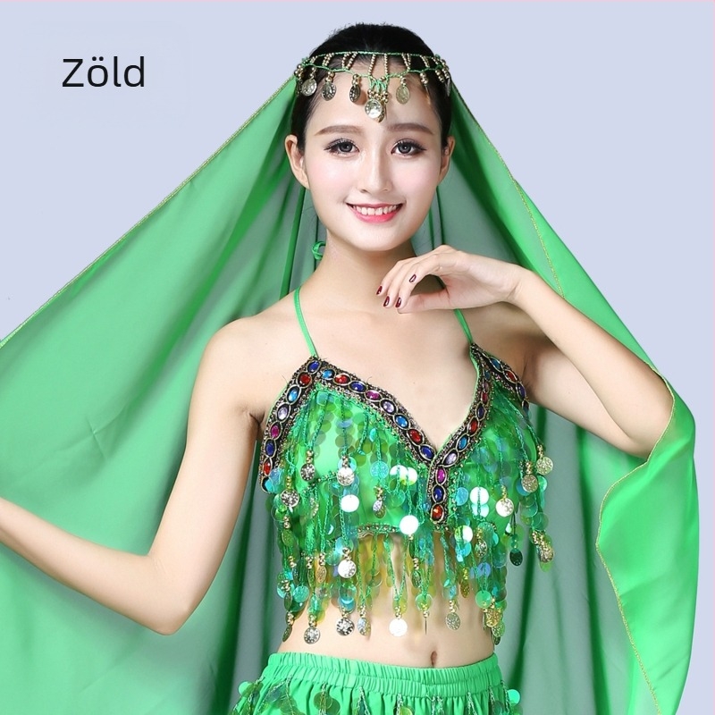 Belly dance színpadi jelmez szegecsekkel, bojtokkal és érmés melltartóval, chiffon és 100% poliészter anyagból