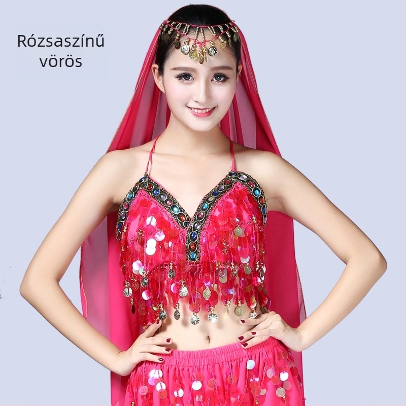 Belly dance színpadi jelmez szegecsekkel, bojtokkal és érmés melltartóval, chiffon és 100% poliészter anyagból