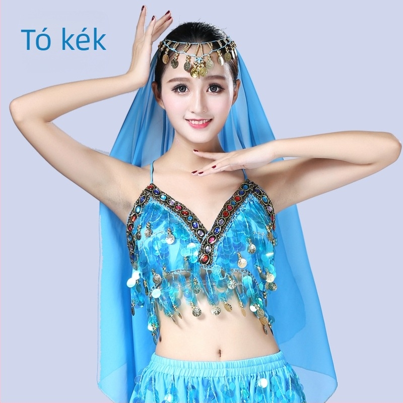 Belly dance színpadi jelmez szegecsekkel, bojtokkal és érmés melltartóval, chiffon és 100% poliészter anyagból