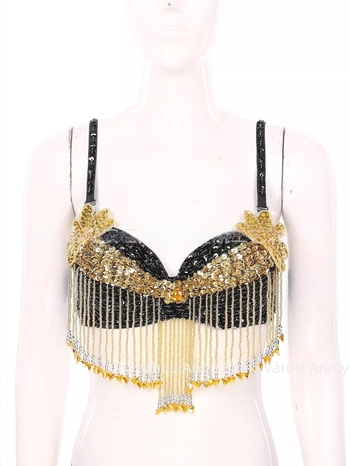 Hastánc melltartó szegecses részletekkel, kézzel hímzett gyöngyökkel és virágos applikációkkal, színpadi top; fő anyag: poliészter 50–70%; PVC 30–50%; szexi stílus, utcai trendteremtő