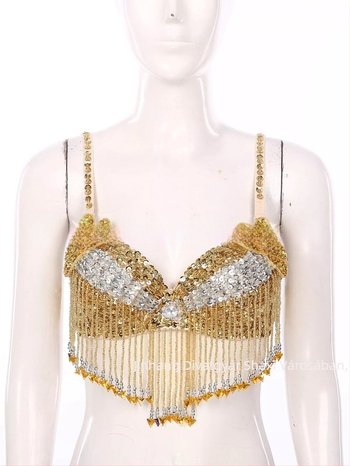 Hastánc melltartó szegecses részletekkel, kézzel hímzett gyöngyökkel és virágos applikációkkal, színpadi top; fő anyag: poliészter 50–70%; PVC 30–50%; szexi stílus, utcai trendteremtő