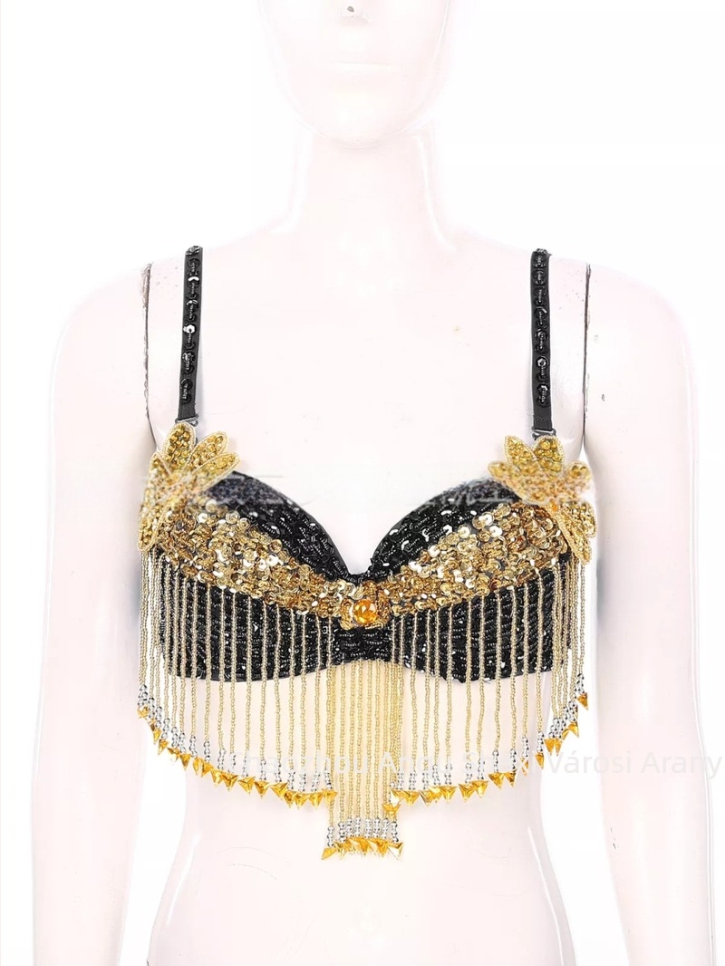 Hastánc melltartó szegecses részletekkel, kézzel hímzett gyöngyökkel és virágos applikációkkal, színpadi top; fő anyag: poliészter 50–70%; PVC 30–50%; szexi stílus, utcai trendteremtő