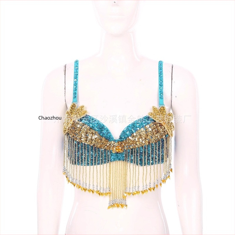 Hastánc melltartó szegecses részletekkel, kézzel hímzett gyöngyökkel és virágos applikációkkal, színpadi top; fő anyag: poliészter 50–70%; PVC 30–50%; szexi stílus, utcai trendteremtő