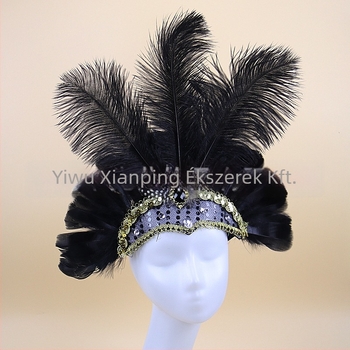 Headwear Vintage Feather Headband Crown with Plaid Pattern, Summer 2024