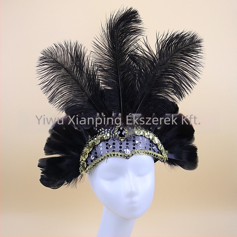 Headwear Vintage Feather Headband Crown with Plaid Pattern, Summer 2024