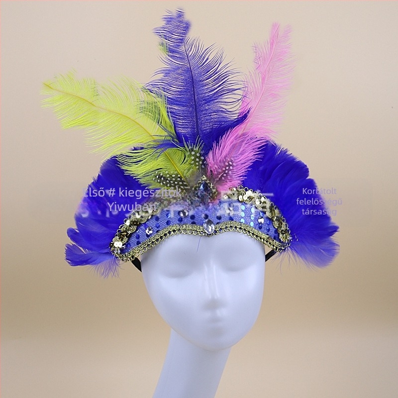 Headwear Vintage Feather Headband Crown with Plaid Pattern, Summer 2024