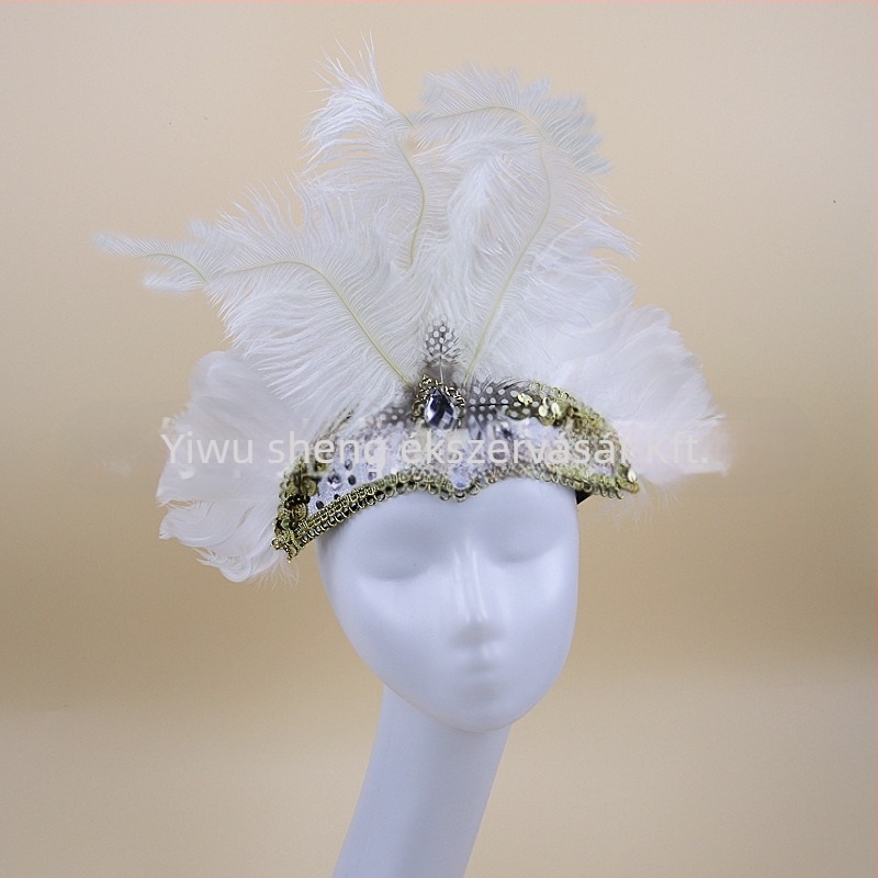 Headwear Vintage Feather Headband Crown with Plaid Pattern, Summer 2024