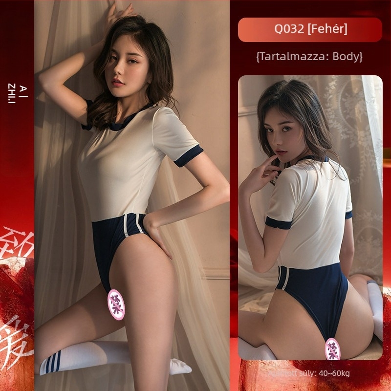 Seksis bodysuit iskolai egyenruha stílusában, crotchless, japán torna ihletésű, 95–100% poliészter
