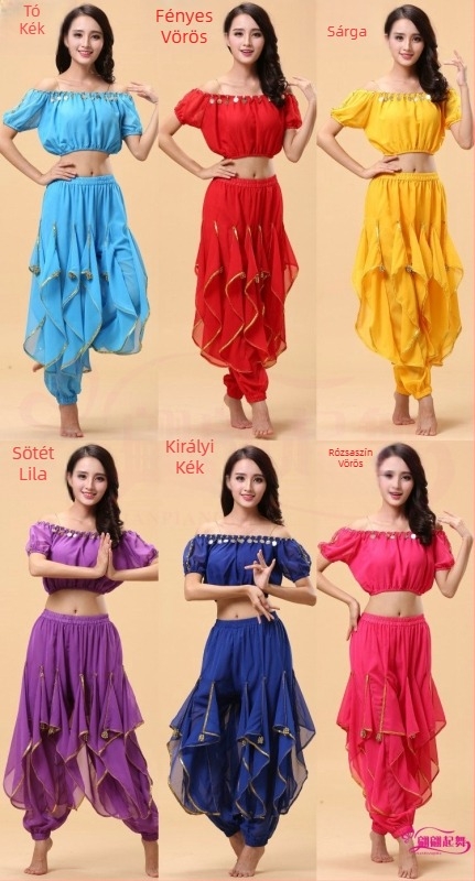 Felnőtt Belly Dance ruhaszett – felső lámpás ujjakkal és forgó nadrág, akril anyag + 120D chiffon