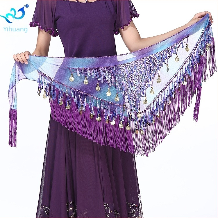 Belly Dance szegecses háromszög sál tassellel – női deréköv, Diamond Hemp anyag (poliészter + elasztán), Belly/Indiai/Latino/Modern tánchoz