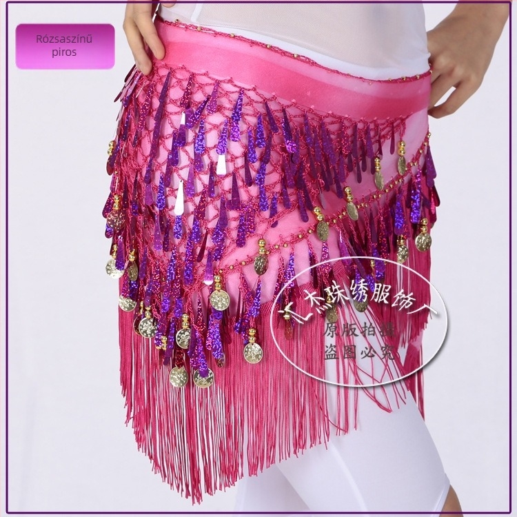 Belly Dance szegecses háromszög sál tassellel – női deréköv, Diamond Hemp anyag (poliészter + elasztán), Belly/Indiai/Latino/Modern tánchoz