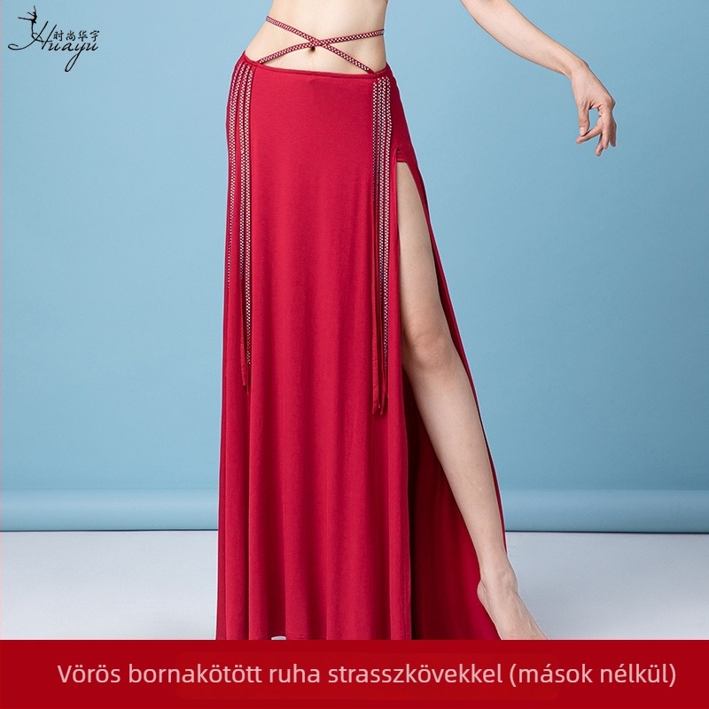 Belly Dance ruházat kristályos díszítéssel, nyomtatott háló és modal anyagból, pamut alapanyag, hosszú hasítékos ruha nőknek