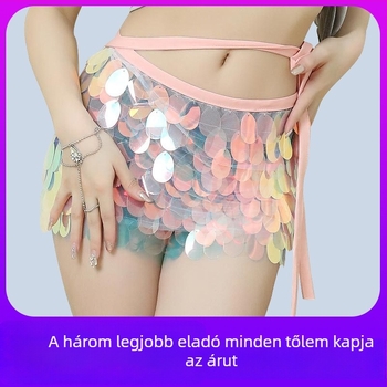 Dancer Belly Dance szett csillogó szoknyával, derékövvel és csípőkendővel – Spandex anyag, Vinylon 90% összetétel, 2023 nyár, női színpadi kosztüm