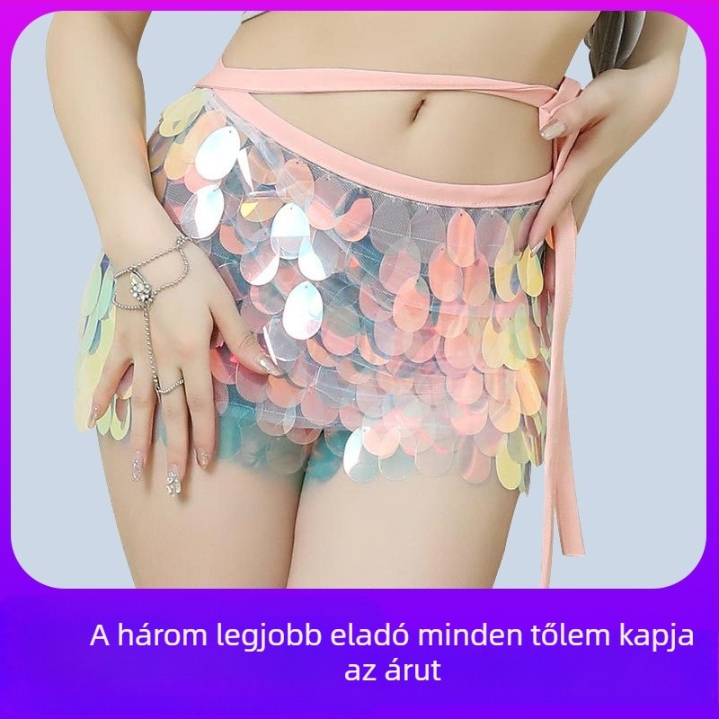 Dancer Belly Dance szett csillogó szoknyával, derékövvel és csípőkendővel – Spandex anyag, Vinylon 90% összetétel, 2023 nyár, női színpadi kosztüm