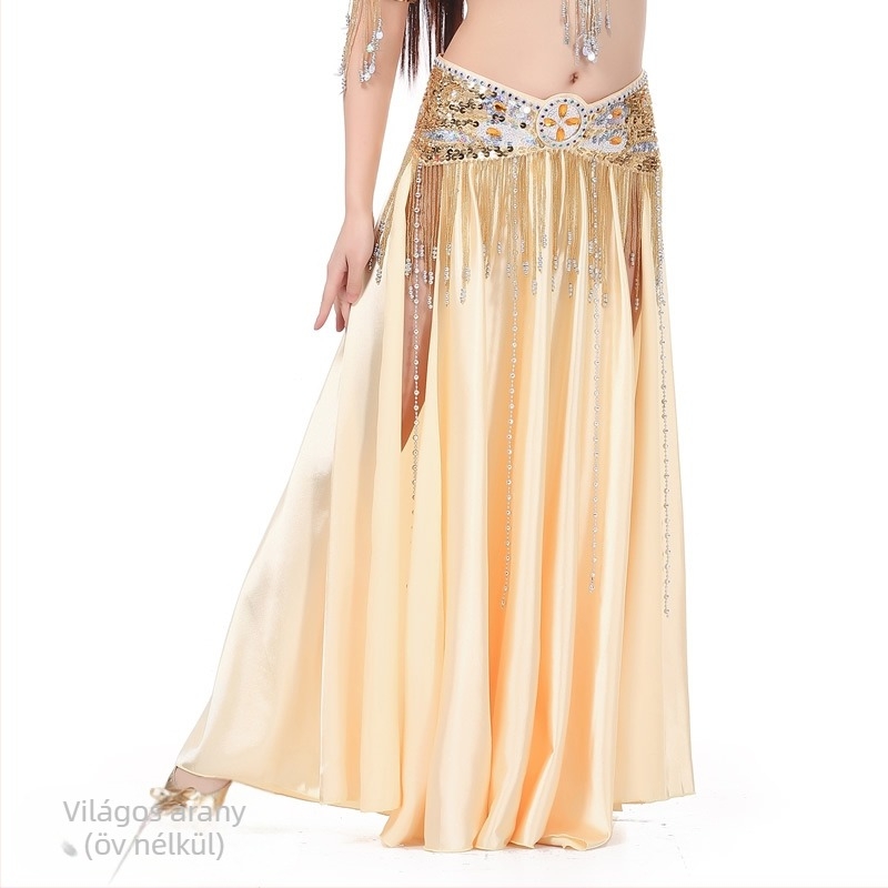Szatén hastánc szoknya kettős hasítéssel, széles görbülés a színpadi előadásért