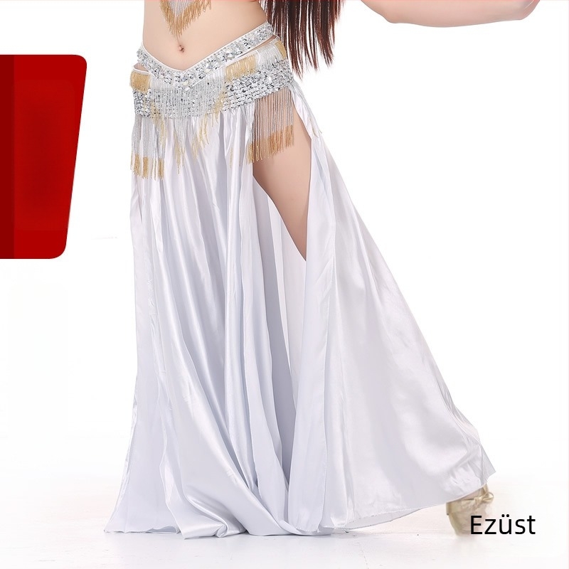 Szatén hastánc szoknya kettős hasítéssel, széles görbülés a színpadi előadásért