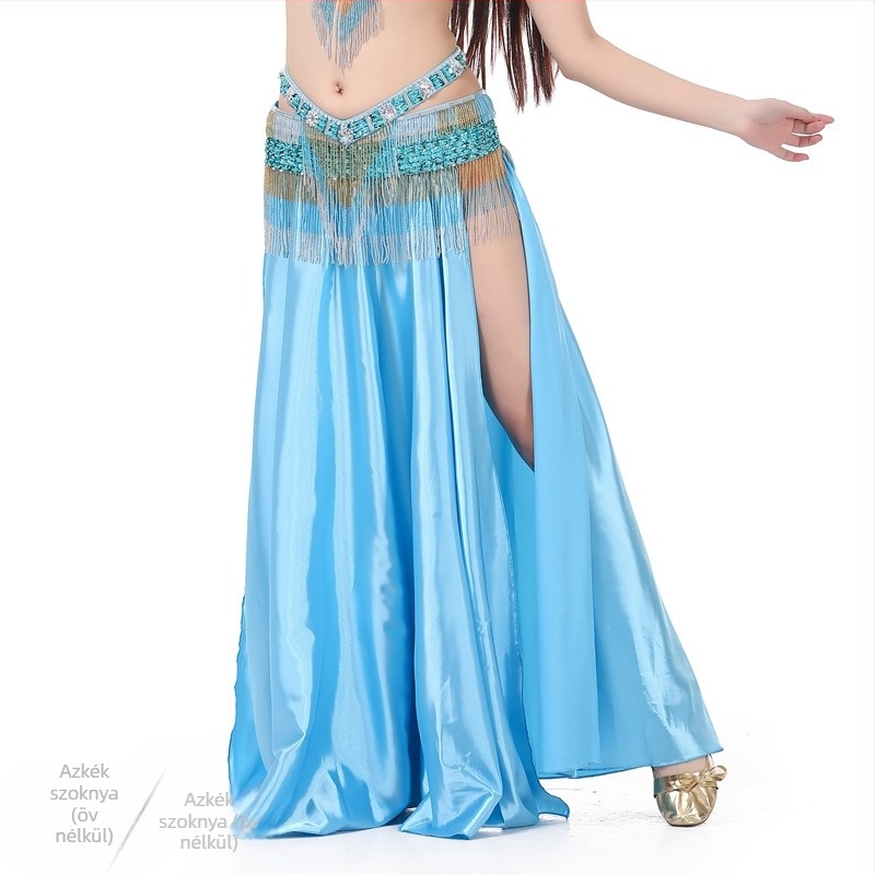Szatén hastánc szoknya kettős hasítéssel, széles görbülés a színpadi előadásért