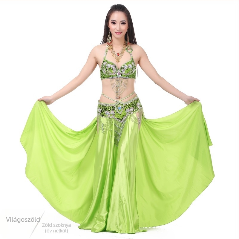 Szatén hastánc szoknya kettős hasítéssel, széles görbülés a színpadi előadásért
