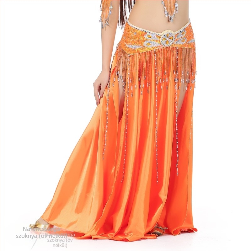 Szatén hastánc szoknya kettős hasítéssel, széles görbülés a színpadi előadásért