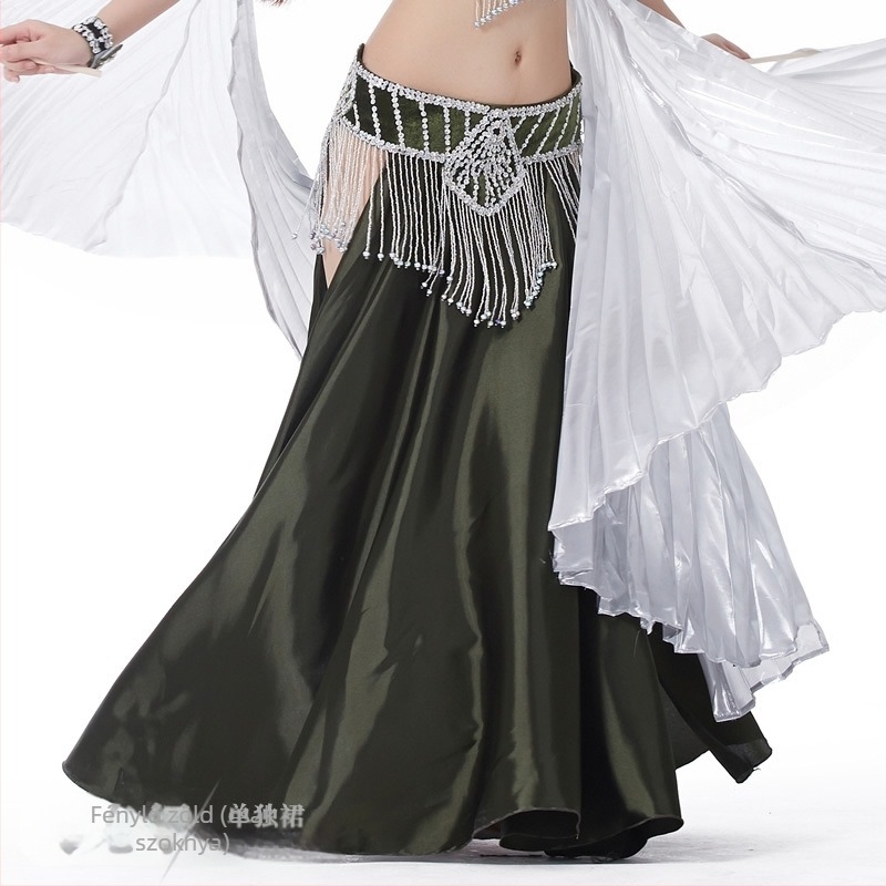 Szatén hastánc szoknya kettős hasítéssel, széles görbülés a színpadi előadásért