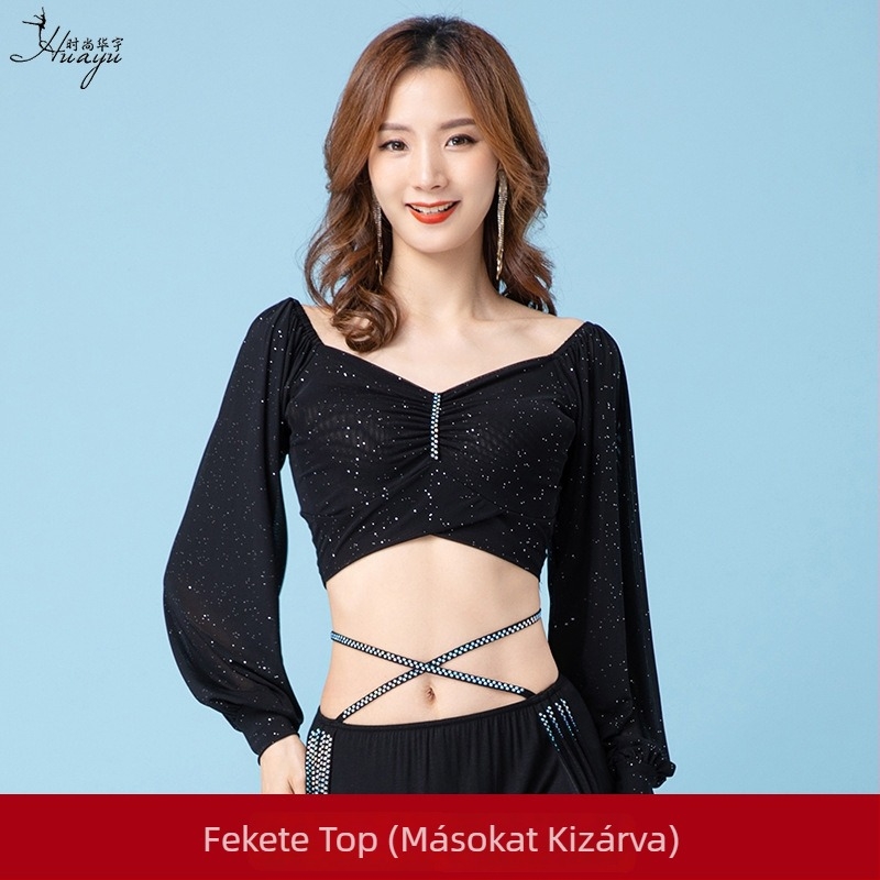 Hasizomtánc felső szegecselt hálós anyaggal, spandex alapú, francia négyzet gallér, plisírozott dizájn, edzésre és orientális táncra