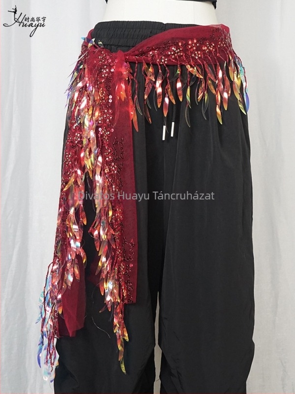 Belly Dance csípőöv flitterekkel és bojtokkal, hálószövetből, poliészter, színpadi viselet