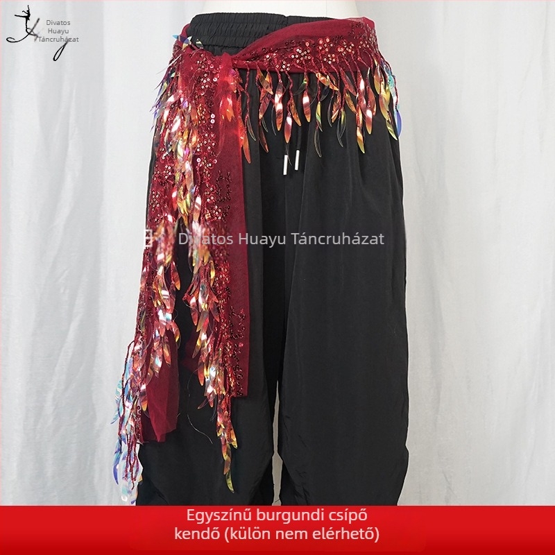 Belly Dance csípőöv flitterekkel és bojtokkal, hálószövetből, poliészter, színpadi viselet