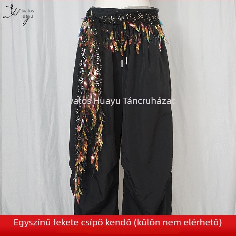 Belly Dance csípőöv flitterekkel és bojtokkal, hálószövetből, poliészter, színpadi viselet