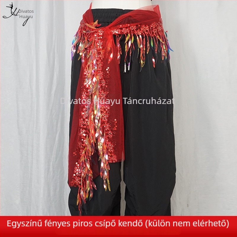 Belly Dance csípőöv flitterekkel és bojtokkal, hálószövetből, poliészter, színpadi viselet