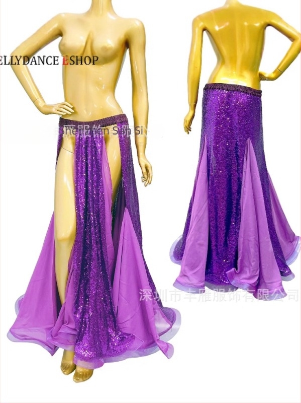 Flitteres hosszú szoknya hastáncra, chiffonból, poliészter-spandex keverék, színpadi kivitelezéshez, széles szegéllyel