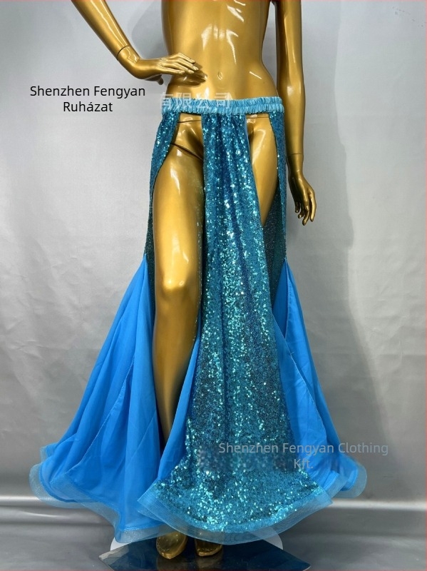 Flitteres hosszú szoknya hastáncra, chiffonból, poliészter-spandex keverék, színpadi kivitelezéshez, széles szegéllyel