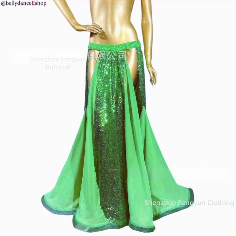 Flitteres hosszú szoknya hastáncra, chiffonból, poliészter-spandex keverék, színpadi kivitelezéshez, széles szegéllyel